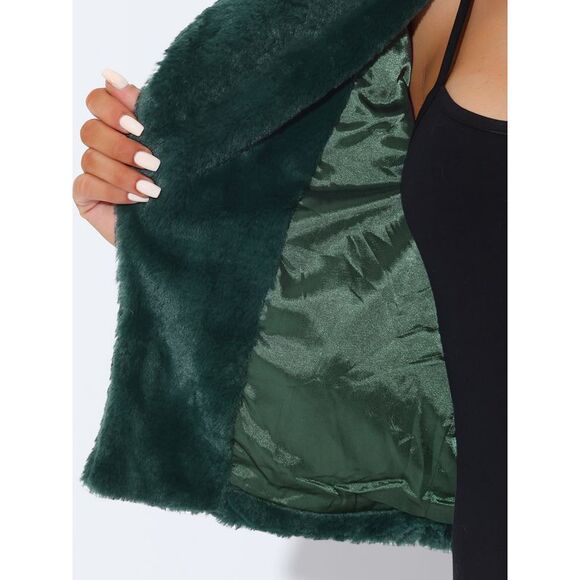 Cropped Jacket Notch Lapel Faux Fur Fluffy Coat Green - Picture 5 of 6